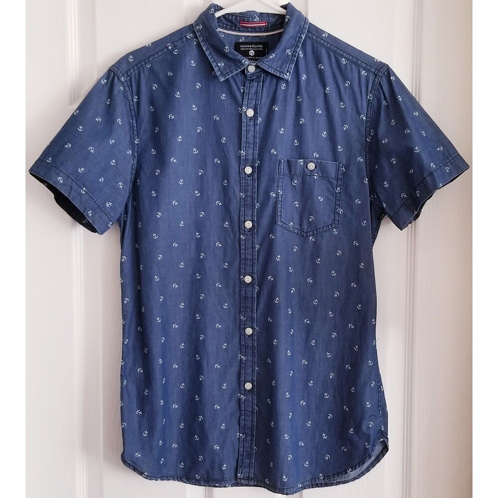 Denim & Flower Men's S Blue Anchor Print Denim Slim Fit Button Up Shirt Cotton
